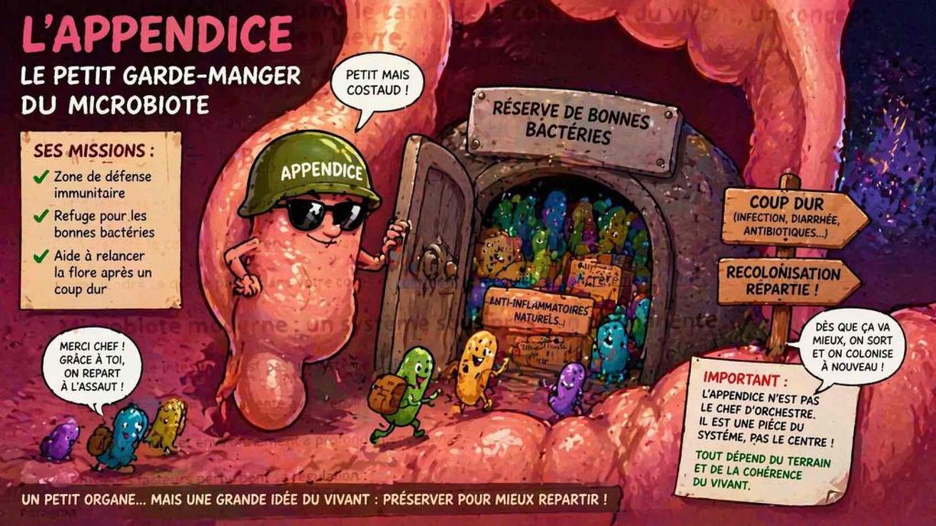 Illustration de l’appendice protégeant des bactéries intestinales utiles dans le microbiote