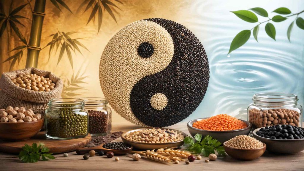 Composition de graines, légumineuses et céréales complètes avec symbole Yin Yang illustrant leur impact sur la digestion et la cohérence du vivant