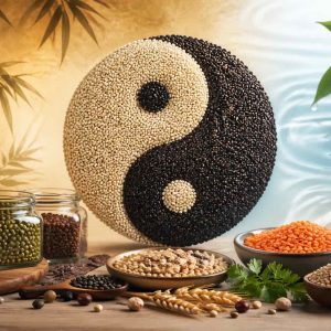 Composition de graines, légumineuses et céréales complètes avec symbole Yin Yang illustrant leur impact sur la digestion et la cohérence du vivant