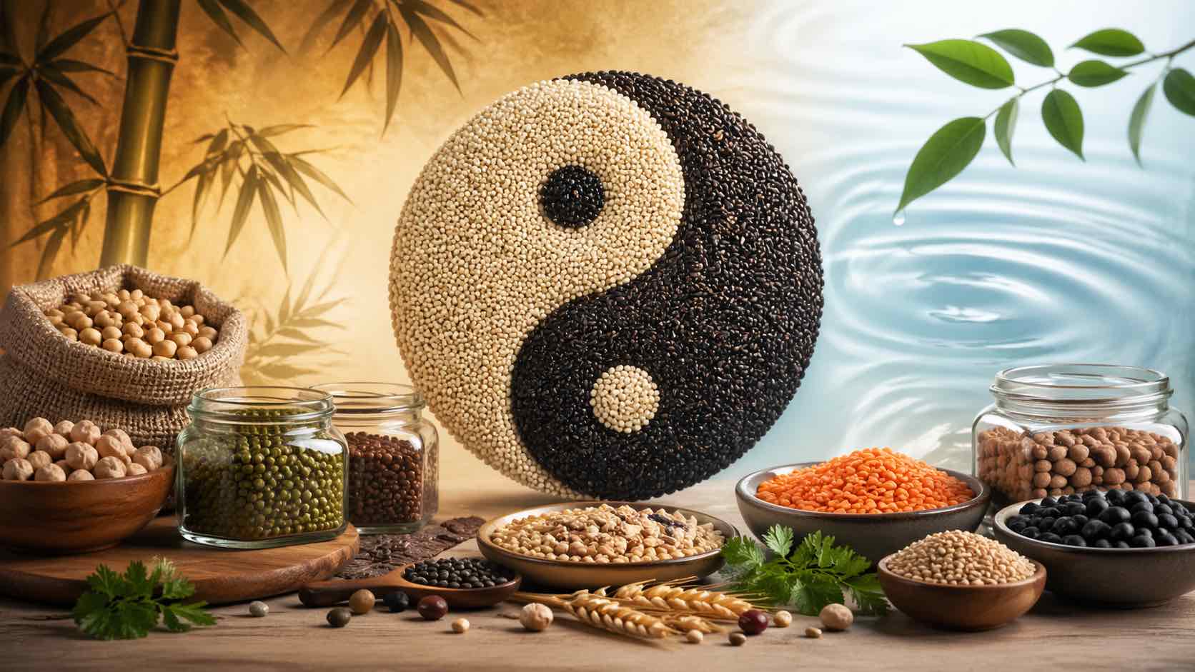 Composition de graines, légumineuses et céréales complètes avec symbole Yin Yang illustrant leur impact sur la digestion et la cohérence du vivant