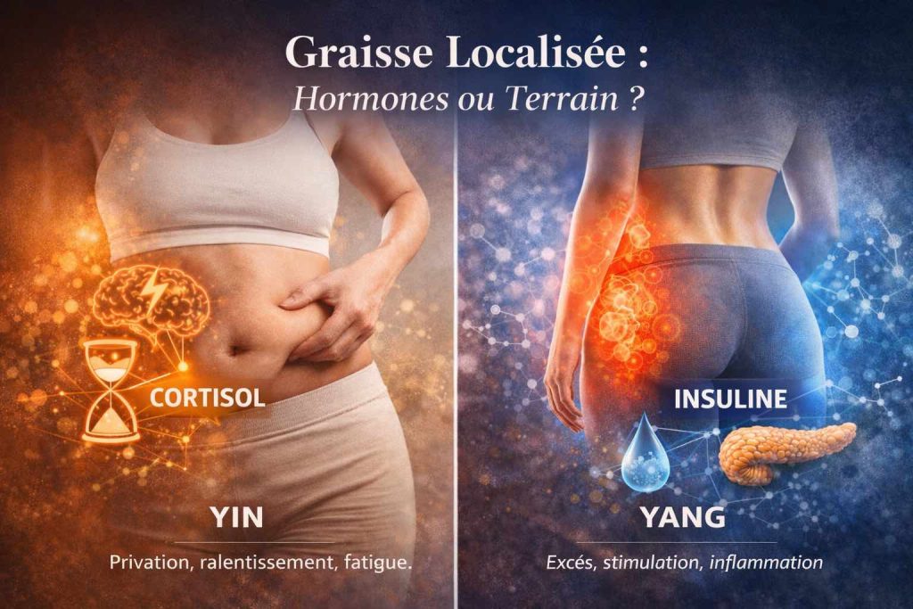 Illustration de la graisse localisée au ventre et aux cuisses montrant l’opposition Yin Yang entre cortisol, insuline et terrain du corps