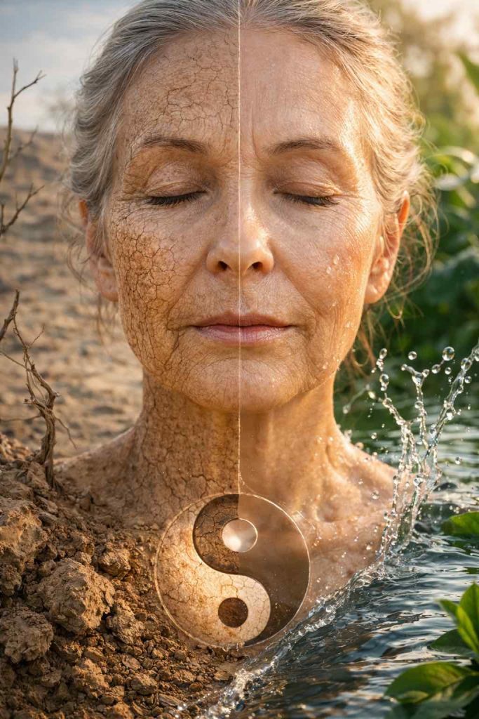 Peau sèche après 60 ans comparée à une peau hydratée illustration yin yang