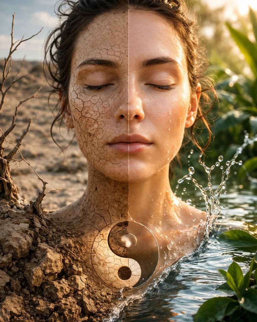 Peau sèche visage moitié fissurée moitié hydratée illustration équilibre Yin Yang cohérence du vivant