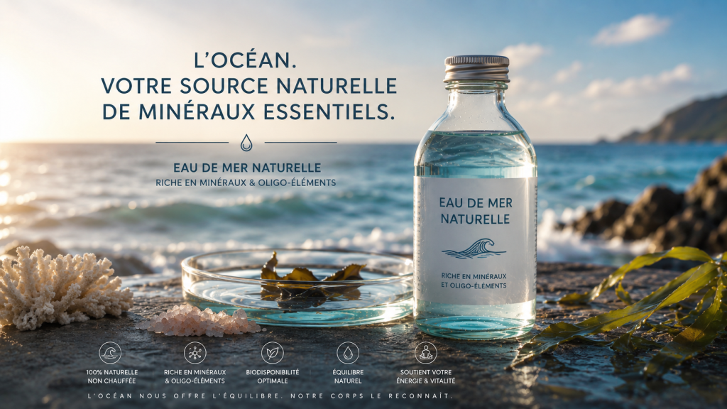Bouteille d’eau de mer naturelle face à l’océan représentant les minéraux essentiels et la cohérence du vivant