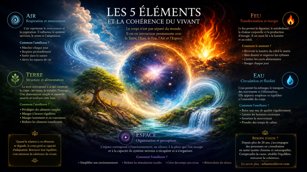 Illustration des cinq éléments terre eau feu air espace montrant leur influence sur la santé et la cohérence du vivant