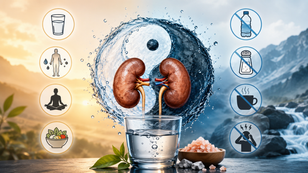 Illustration équilibre hydrique reins Yin Yang et consommation d’eau