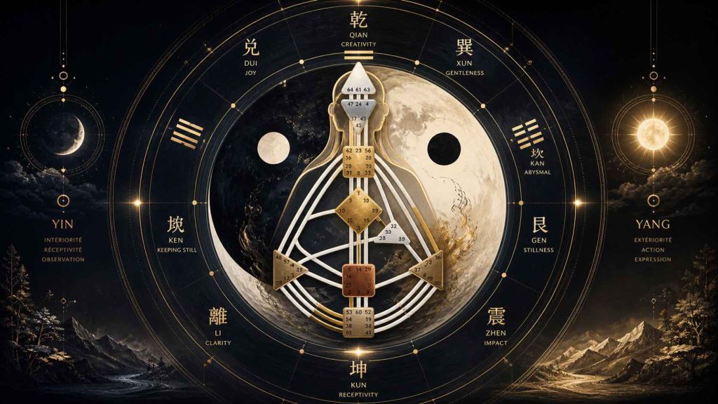Illustration du design humain combiné au yin yang et au I Ching montrant les différences de fonctionnement énergétique et leur lien avec la fatigue