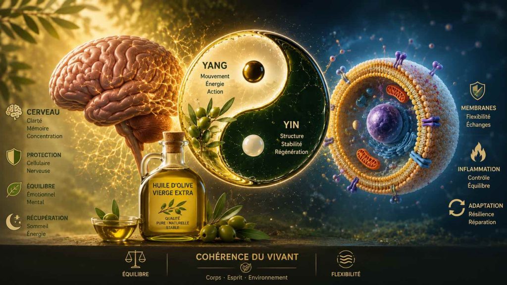 Huile d’olive et cerveau illustrant le lien entre membranes cellulaires, inflammation et cohérence du vivant