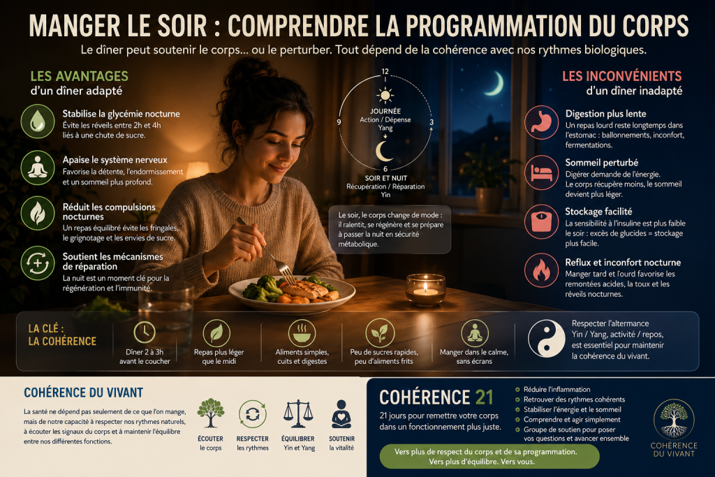 Illustration du fonctionnement du corps le soir entre digestion, récupération nocturne, Yin Yang et cohérence du vivant