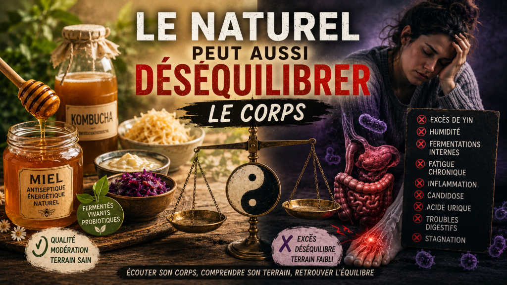 Illustration du miel, kombucha et aliments fermentés pouvant favoriser un excès de Yin, fatigue, inflammation et déséquilibres métaboliques.