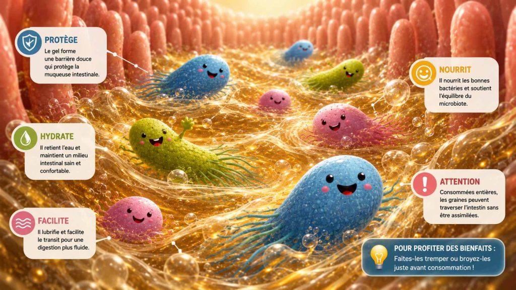 Illustration de bactéries intestinales nageant dans des mucilages issus des graines de lin et de chia protégeant la muqueuse intestinale