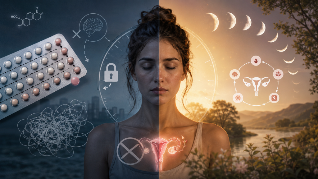 Illustration de la pilule contraceptive et de la désynchronisation hormonale du corps féminin avec opposition entre cycle artificiel et rythmes naturels.
