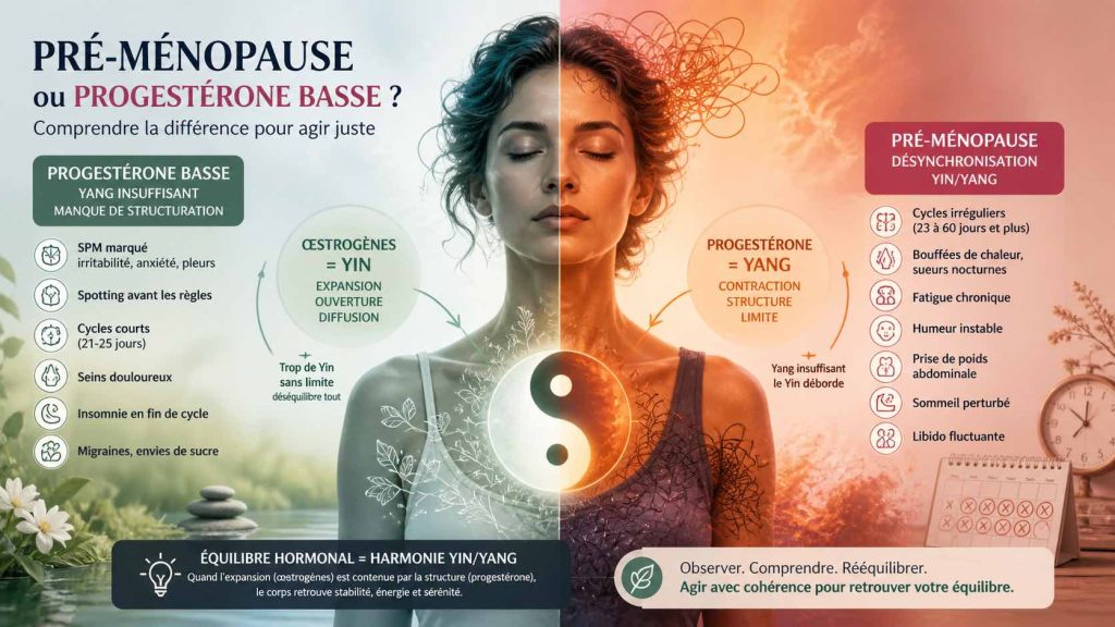Illustration montrant la différence entre pré-ménopause et progestérone basse avec une femme en équilibre Yin Yang, représentant l’expansion des œstrogènes et la structuration de la progestérone.