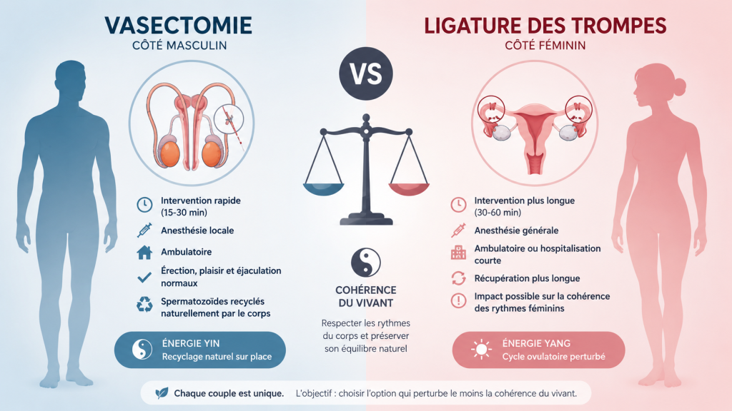 Comparaison visuelle entre vasectomie masculine et ligature des trompes féminine avec approche cohérence du vivant et yin yang.