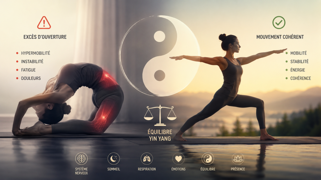 Personne très souple en posture de yoga avec contraste entre ouverture corporelle et instabilité interne