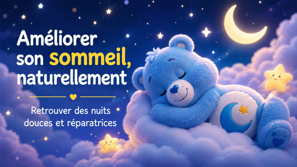 Illustration d'un nounours endormi dans une chambre évoquant un dessin animé vintage, symbolisant un sommeil paisible et réparateur.