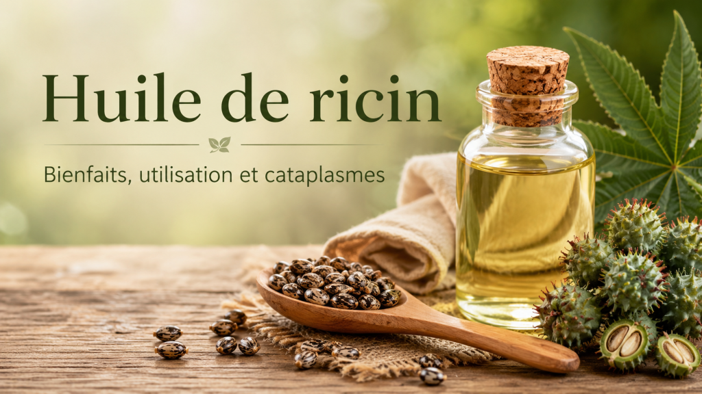 Bouteille d’huile de ricin avec graines de ricin utilisée en cataplasme pour soutenir la circulation et la souplesse des tissus