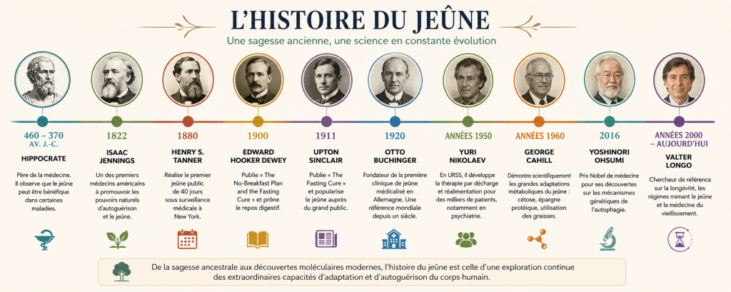 Frise chronologique de l'histoire du jeûne thérapeutique, d'Hippocrate à Valter Longo, avec les grandes découvertes scientifiques.